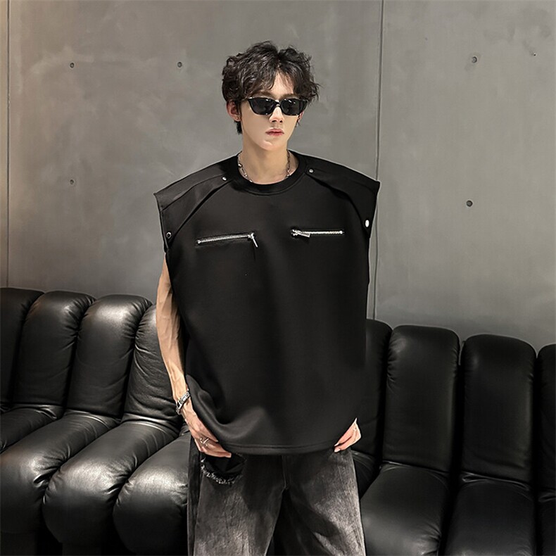 重磅垫肩夏季无袖T恤美式拉链设计背心950P42，男装背心/马甲，电商A458A