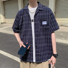 格子衬衫男士夏季薄款短袖日系ins痞帅休闲上衣外套2024新款，男装衬衫，星座716-3