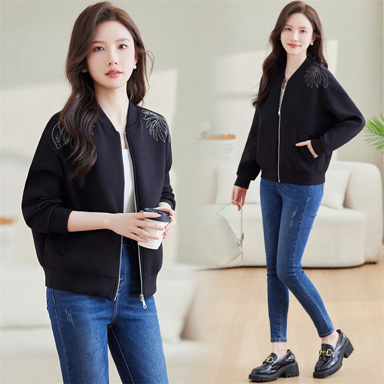 棒球服外套2024秋装新款女装黑色宽松短款运动休闲上衣,女装短外套,美沁