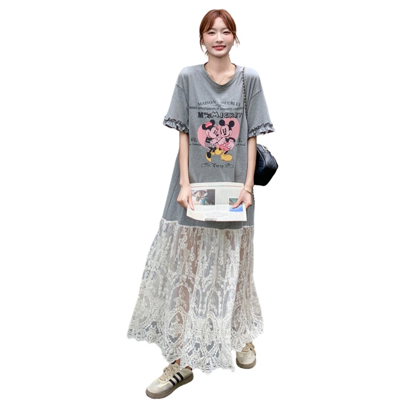现货高品质印花拼接蕾丝T恤裙2C236M109P135K188,女装连衣裙,2C236