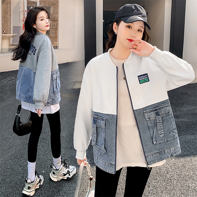欧货牛仔拼接棒球服外套女2024春季新款韩版休闲卫衣夹克开衫上衣,女装短外套,悦祺