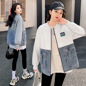 欧货牛仔拼接棒球服外套女2024春季新款韩版休闲卫衣夹克开衫上衣图片