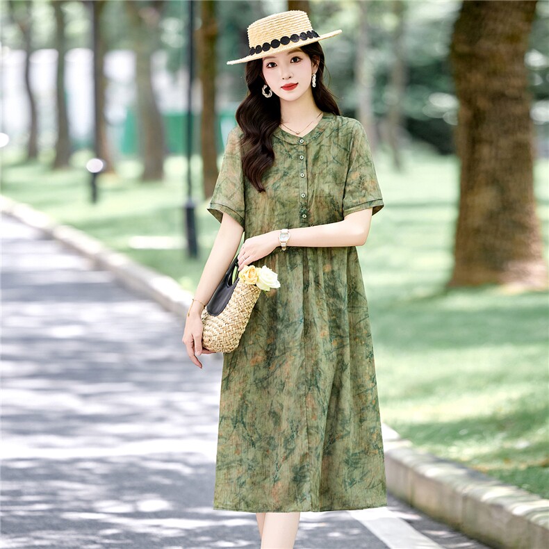 时尚休闲印花连衣裙女2025夏季新款宽松圆领木耳花边减龄碎花裙子,女装连衣裙,木橙西子