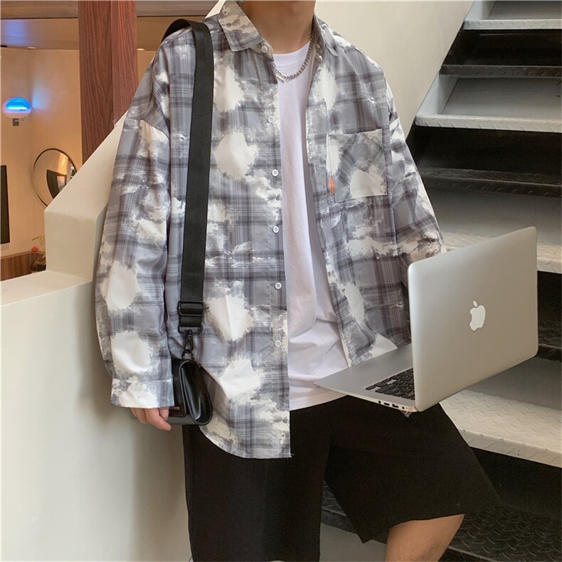 外套春秋扎染衬衫韩版潮流衣服ins青少年休闲港风格纹W1566-P35,男装衬衫,星座512-4
