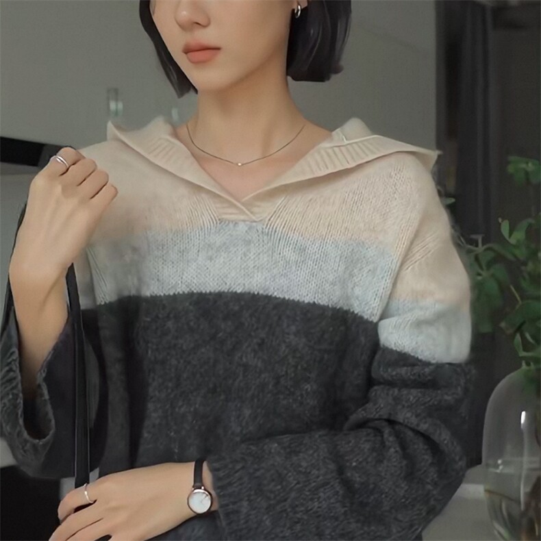 2025年秋季新款百搭女士连帽拼色长袖针织衫，女装针织衫/毛衣，佑昭祥羊绒