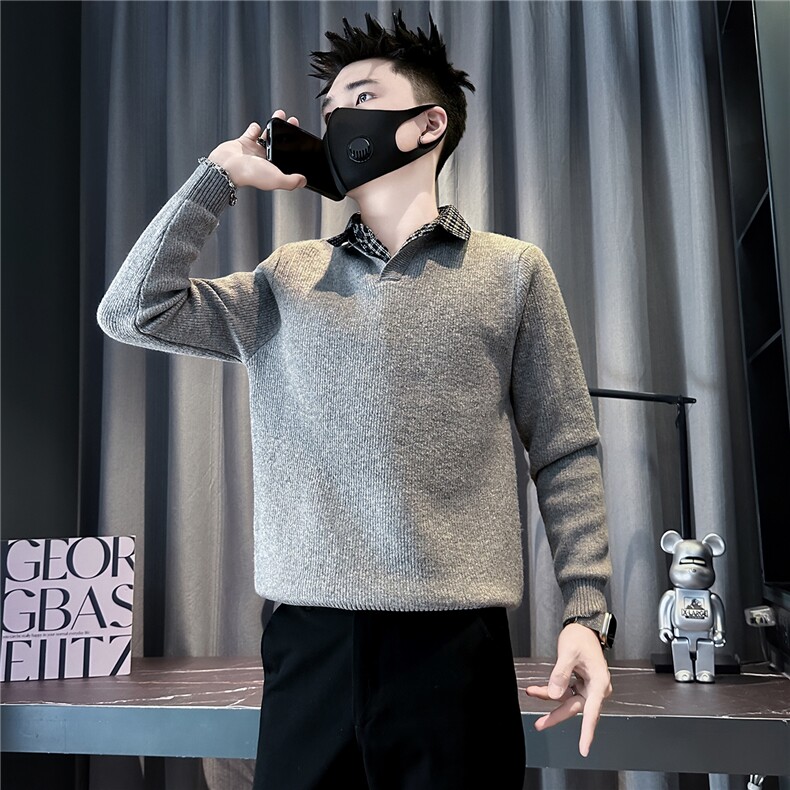 衬衫领毛衣男加绒一体绒假两件拼接社会小伙301C-M121-P88控118,男装针织衫/毛衣,星座301C（原B323）