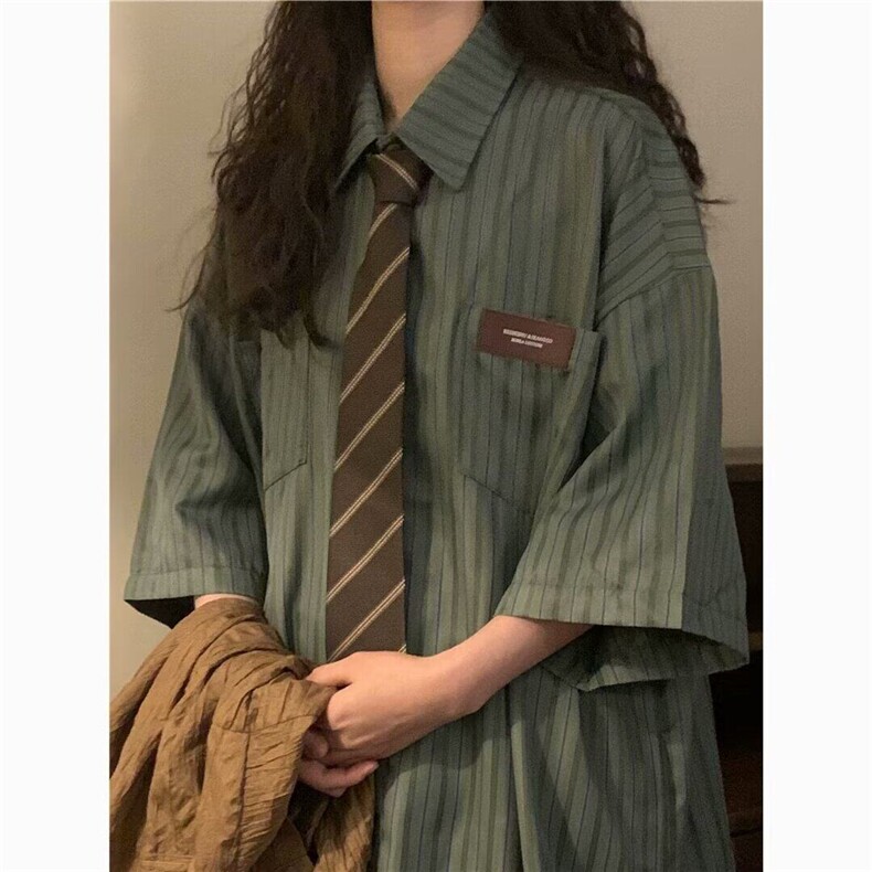 D583-P35新款日系女宽松百搭学院风短袖条纹衬衫上衣夏-网图现货,男装衬衫,星座603-2