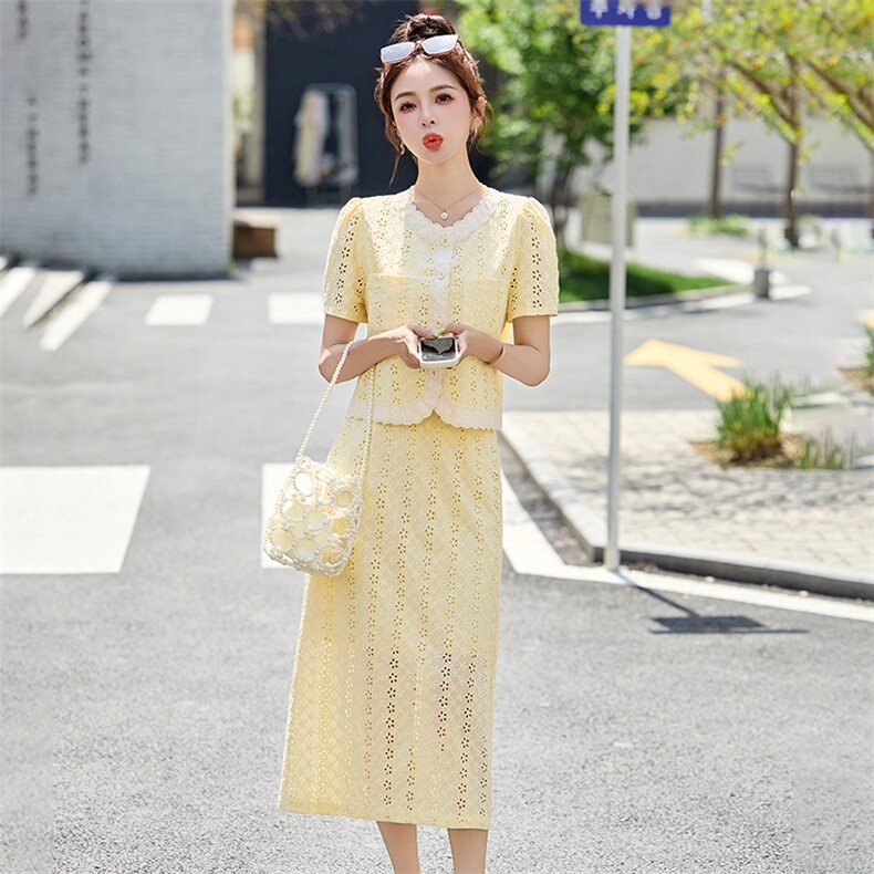 小香风蕾丝套装裙女2025夏季新款气质显瘦刺绣开叉半身裙两件套潮,女装套装/套裙,布芭啦