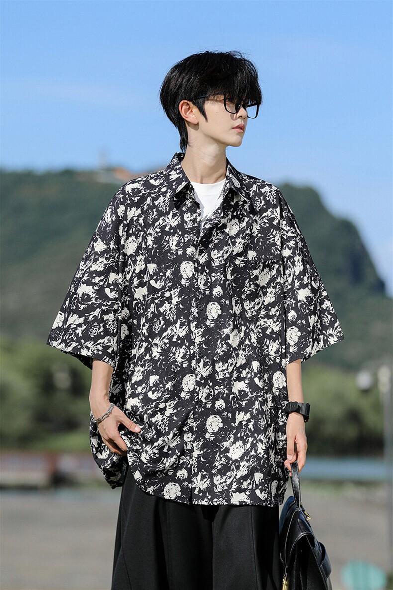 M-8XL复古港味短袖花衬衫大码痞帅海边度假冰丝沙滩衬衣DC5012P35,男装衬衫,电商B238
