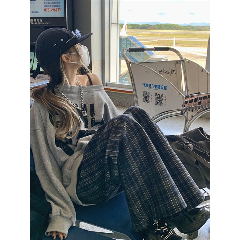 美式格子阔腿裤男女宽松休闲直筒垂百搭感拖地长裤子K662,男装休闲裤,星座1116A（原606A-3）
