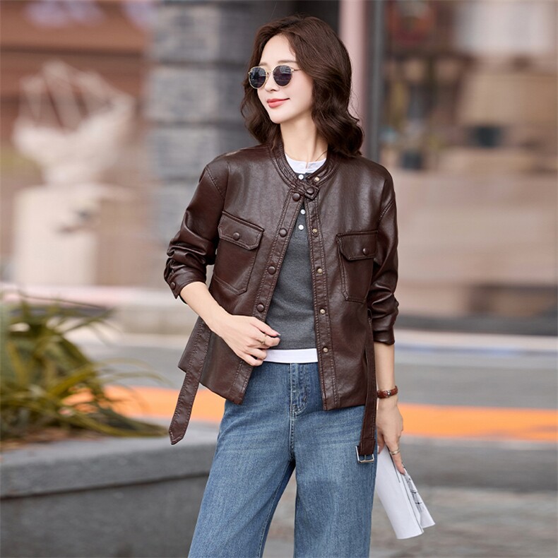 港风机车立领高端皮衣外套女2025春秋季新款休闲系带收腰夹克上衣,女装皮衣,江南女神