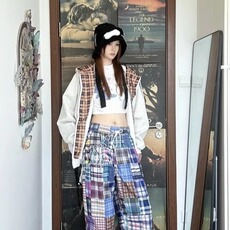 新款美式复古拼接格纹宽松休闲裤女生小众设计直筒拖地裤跳舞裤子，男装休闲裤，星座506A