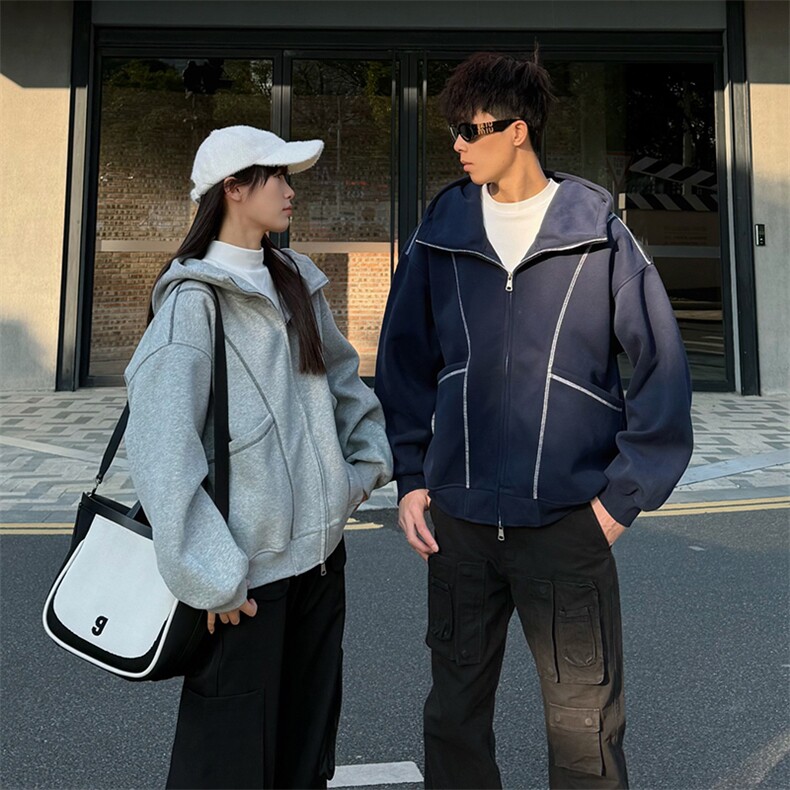抖音得物高品质秋冬美式高街重磅结构辑明线纹理连帽卫衣外套W111,男装卫衣,电商A486