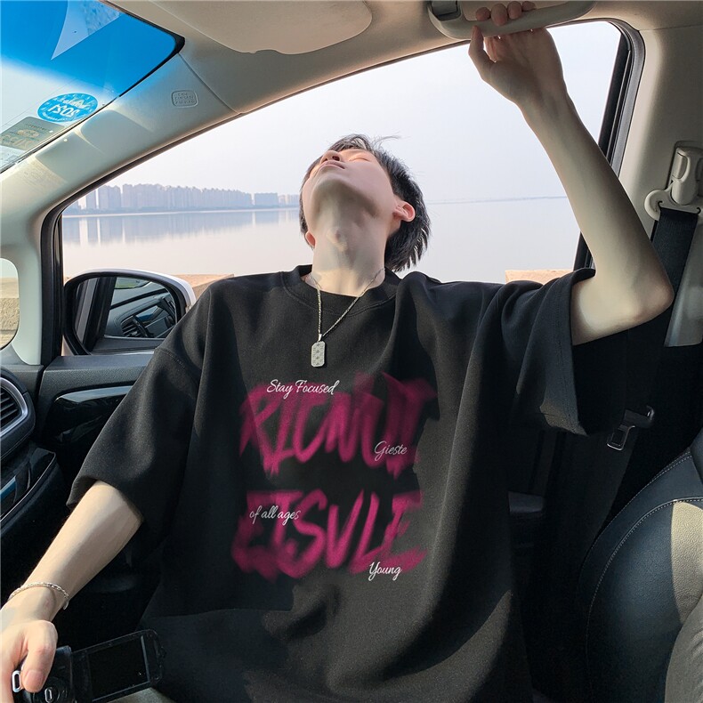 字母印花短袖t恤男款夏季薄款大码黑色上衣服潮牌圆领宽松五分袖,男装T恤,电商A425
