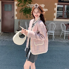 法式小香风外套女春秋2025甜美气质v领韩版名媛粉色精致高端上衣，女装毛呢外套，2C056