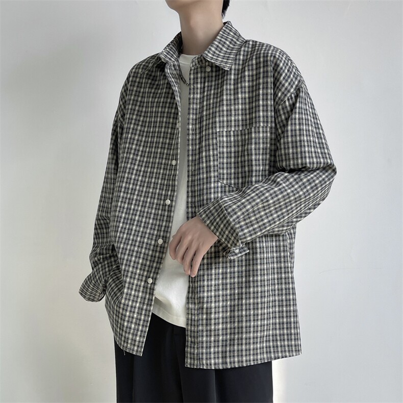 日系复古条格工装衬衫男女学院风简约休闲长袖上衣外套ES977-P40,男装衬衫,星座1008