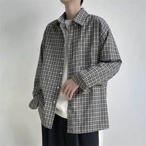 日系复古条格工装衬衫男女学院风简约休闲长袖上衣外套ES977-P40图片