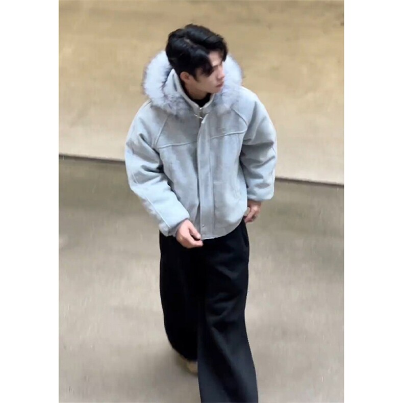 座山雕大毛领连帽棉服男女冬季美式拼接毛呢外套情侣保暖棉衣,男装棉衣,四季星座505