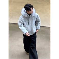 座山雕大毛领连帽棉服男女冬季美式拼接毛呢外套情侣保暖棉衣，男装棉衣，四季星座505