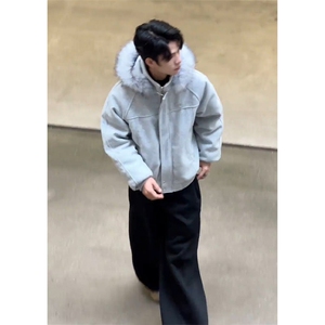 座山雕大毛领连帽棉服男女冬季美式拼接毛呢外套情侣保暖棉衣图片