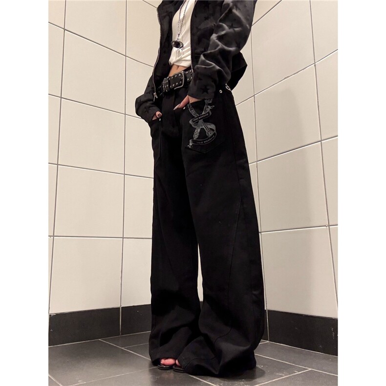 美式复古标语字母拼接牛仔裤女辣妹宽松bf慵懒风弯刀裤潮,男装牛仔裤,星座1210-1