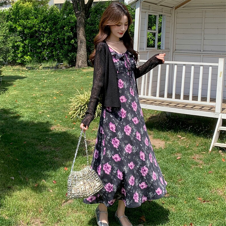 蓝色荷叶领碎花连衣裙女2025夏季新款韩系甜美修身显瘦吊带长裙潮,女装连衣裙,玖莱伊