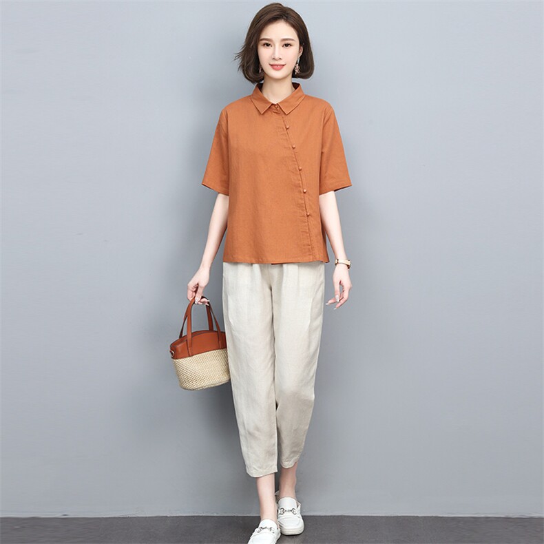 时尚休闲套装女2025新款夏装薄款棉麻翻领韩版宽松显瘦洋气两件套,女装套装/套裙,忆绮罗