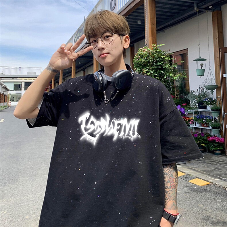 量大优供抖音视频支持得物配合二开美式满天星亮片短袖T恤MTX519,男装T恤,电商A486