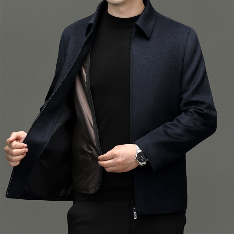 高端新款中年山羊绒白鹅绒内胆外套男中老年绵羊毛山羊绒外套夹克，男装毛呢大衣，钱塘723