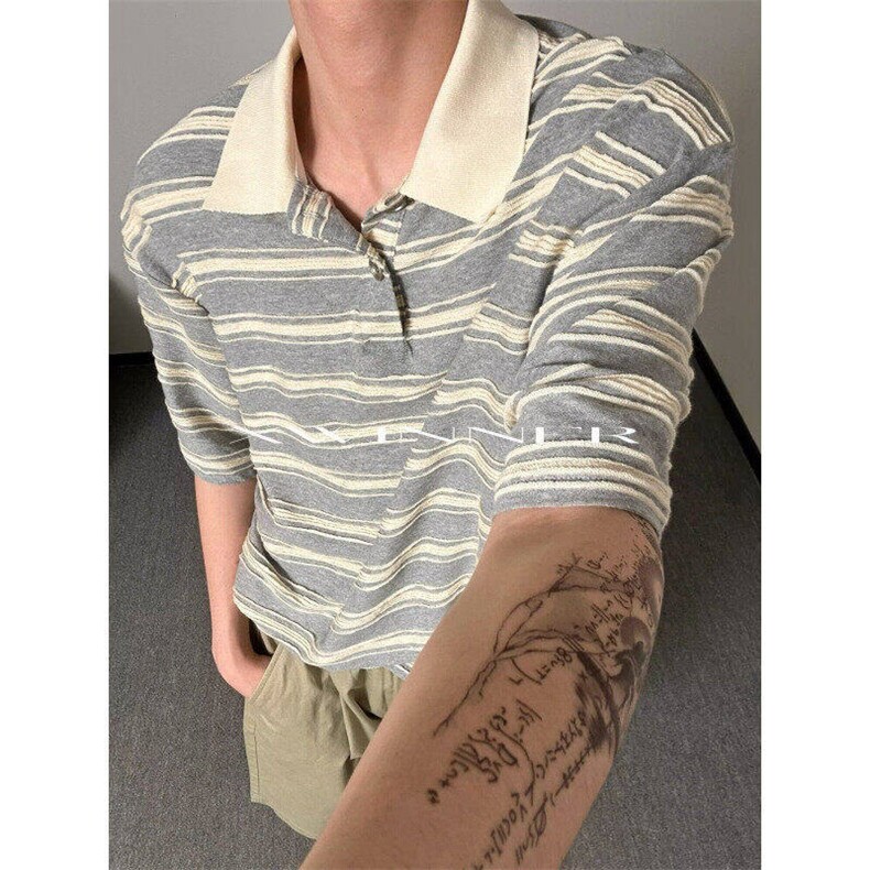 老钱风条纹polo衫短袖男夏季潮牌五分袖PL773-P45图片