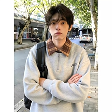 网图现货足半拉链衬衫领假两件polo衫卫衣男长袖T恤W19特P42，男装T恤，星座205-3