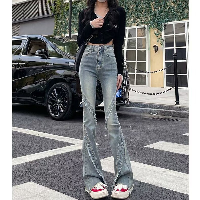 春秋季新款微喇牛仔裤女高腰设计感马蹄时尚拼接毛边喇叭牛仔裤子,男装牛仔裤,星座506A