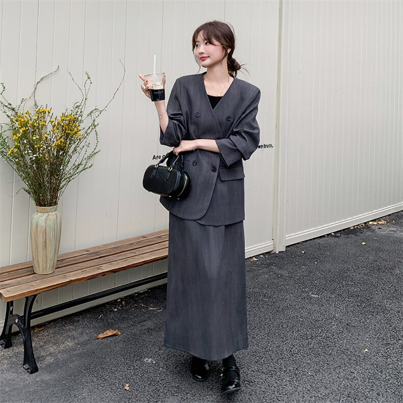 灰色高级感西装套装裙女2025新款早秋穿搭一整套气质半身裙两件套,女装套装/套裙,2C210