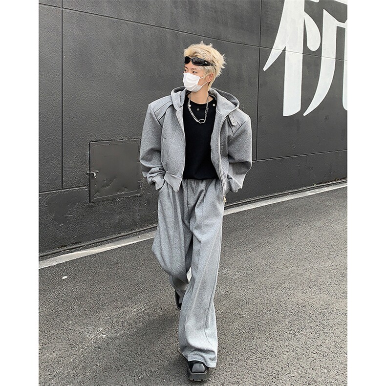 24秋冬男士设计感垫肩短款休闲运动卫衣套装TZ07-衣服p105裤子p68,男装休闲套装,电商B288