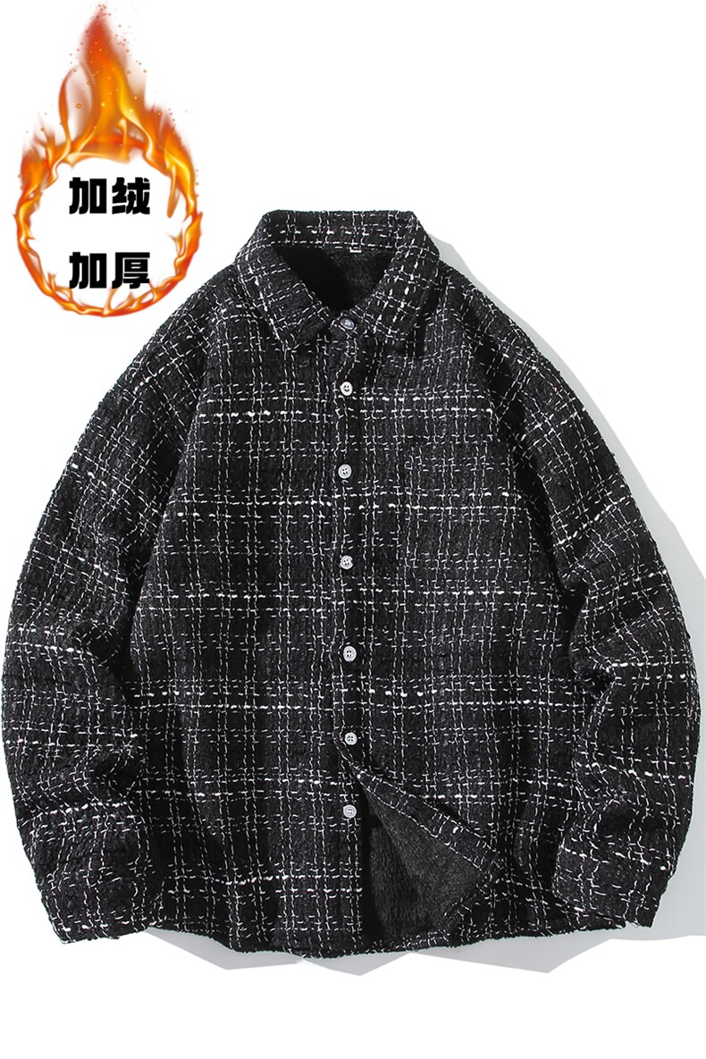 小香风衬衫男长袖宽松格子衬衣休闲外套羊羔绒加绒加厚/8812TP55,男装衬衫,电商A012