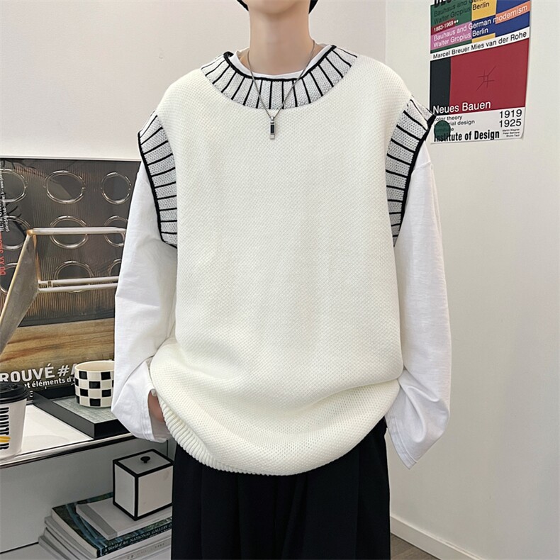 学院风宽松圆领情侣毛衣马甲秋季新款复古针织衫背心男 M584-P33图片