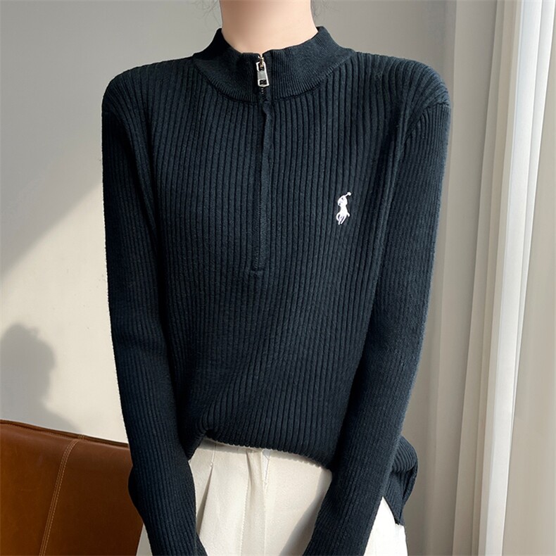 时尚女士秋冬安迪绒半高领拉链马标上衣显瘦百搭长袖针织衫，女装卫衣/绒衫，圣丽羊绒