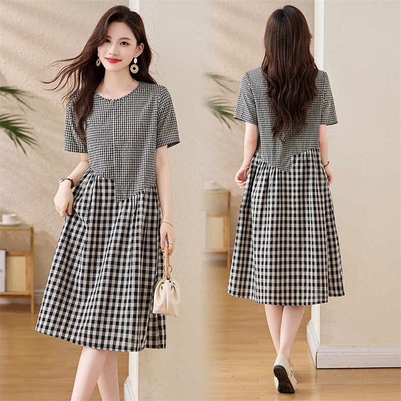 复古格子拼接棉麻连衣裙女2025夏季新款宽松显瘦气质休闲A字裙子，女装连衣裙，姿衣坊