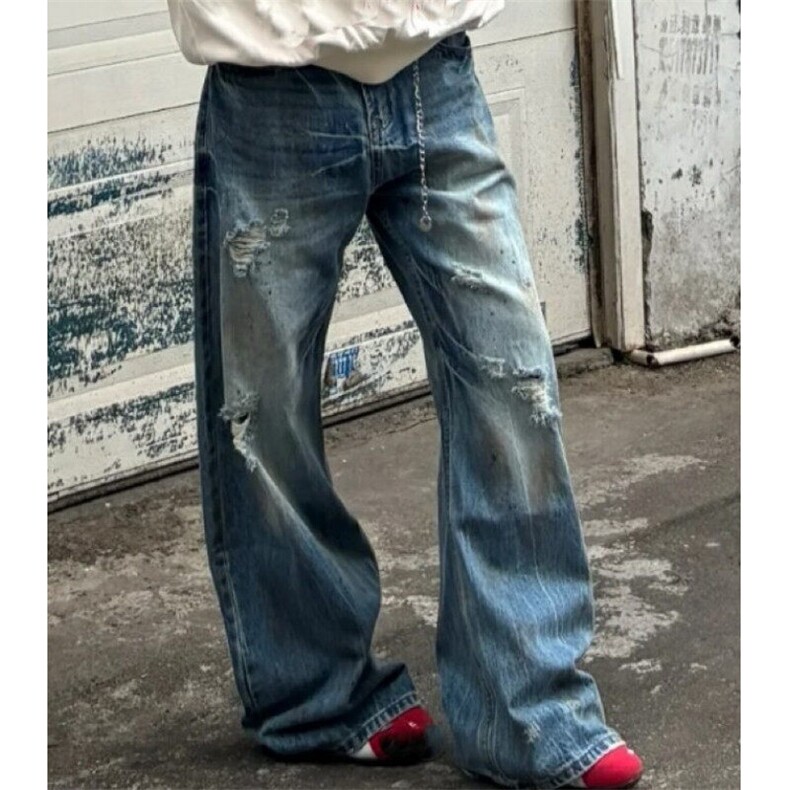 美式闪电裂水洗复古纹脏染破洞弯刀牛仔裤男女阔腿宽松镰刀长裤子,男装牛仔裤,星座601-1