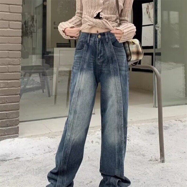 复古美式牛仔裤男女春季新款胖mm高腰宽松显瘦阔腿长裤梨形身材裤图片