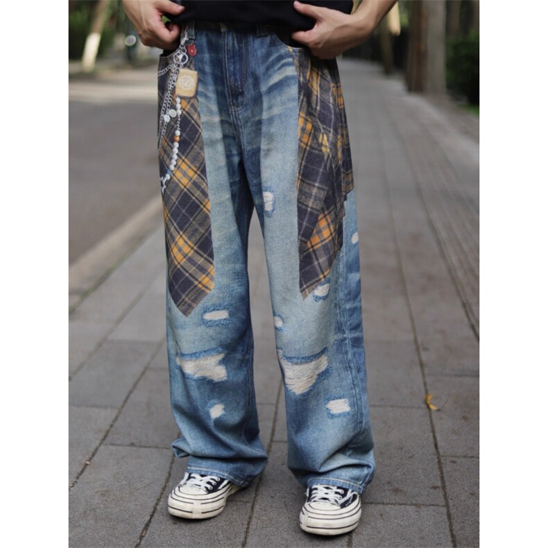 YESI美式3D印花牛仔裤男女宽松街头潮流设计感小众水洗休闲长裤子，男装牛仔裤，四季星座505