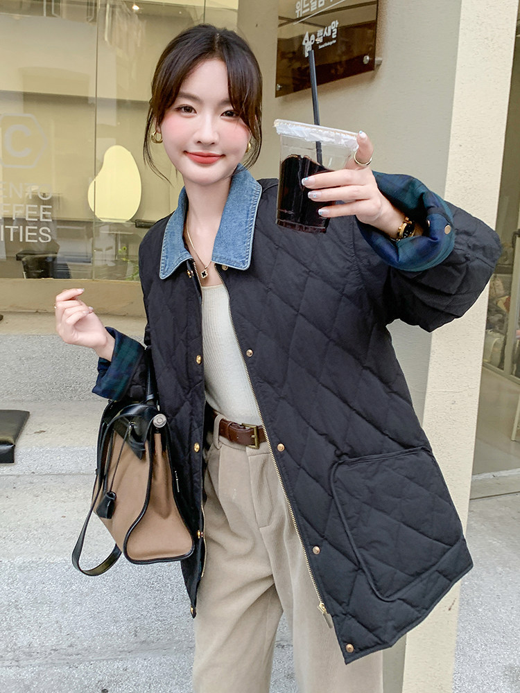 黑色菱格羽绒棉服女2024冬宽松韩版洋气超好看拼接翻领牛仔小棉袄,女装棉衣/棉服,C位