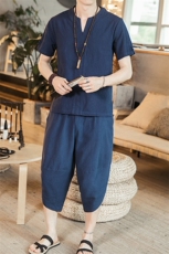2021夏季新款男装T恤中国风复古原创盘扣v领短袖上衣藏青T15，男装T恤，电商B277(原6028)