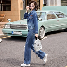 现货韩版时尚牛仔套装女春2024新款洋气显瘦显高牛仔两件套装潮，女装套装/套裙，潮流依族
