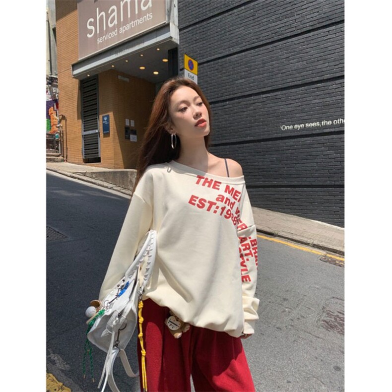 QC011-p4524美式复古辣妹斜肩卫衣女新款慵懒感长袖上衣,男装卫衣,星座617A-2