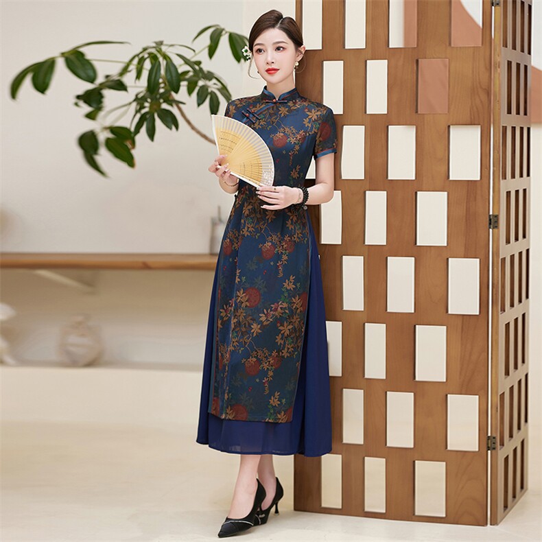新款盘扣专柜旗袍奥黛连衣裙春季短袖仿真丝绸复古风2025,女装汉服/婚纱/旗袍/礼服,小荷流