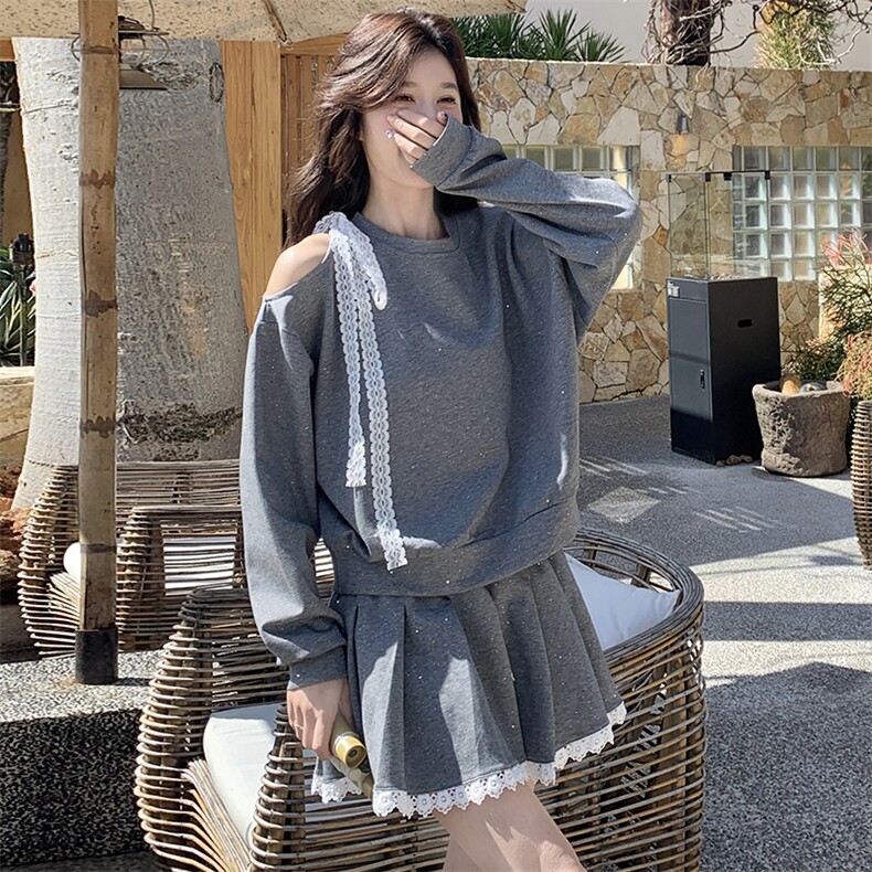 灰色长袖卫衣套装裙女秋季2025出游百褶裙穿搭一整套休闲两件套,女装套装/套裙,2C090