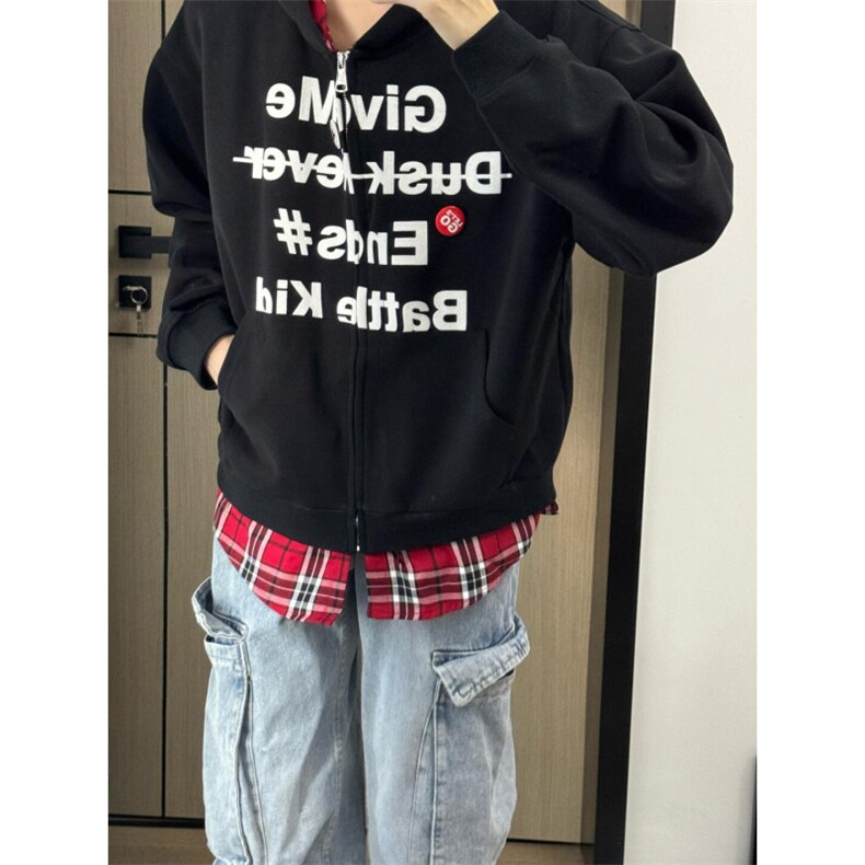 假两件连帽开衫卫衣男款春秋季加绒加厚格子拼接重磅美式高街外套,男装卫衣,星座1007（原301D）