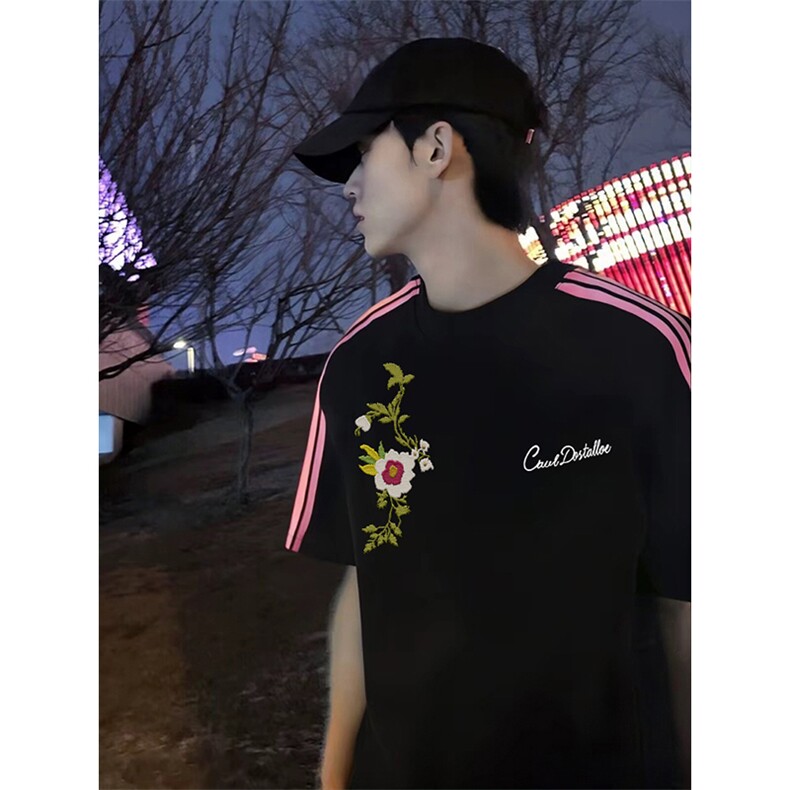 抖音得物品质二开240克宽松纯棉美式潮牌印花三条杠中性风短袖T恤,男装T恤,电商A486