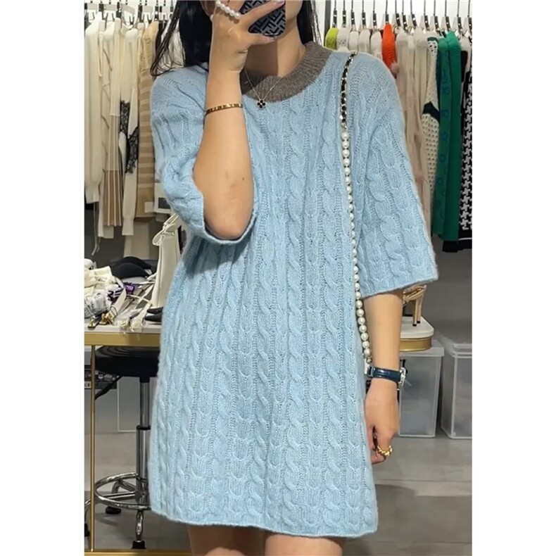 2025年秋季新款百搭女士绞花拼色短袖裙子，女装羊毛衫，宛庄羊绒